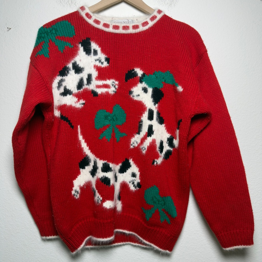 VTG 80s Karen Scott Women Angora Sweater S Red Dalmatian Dog Holiday Christmas